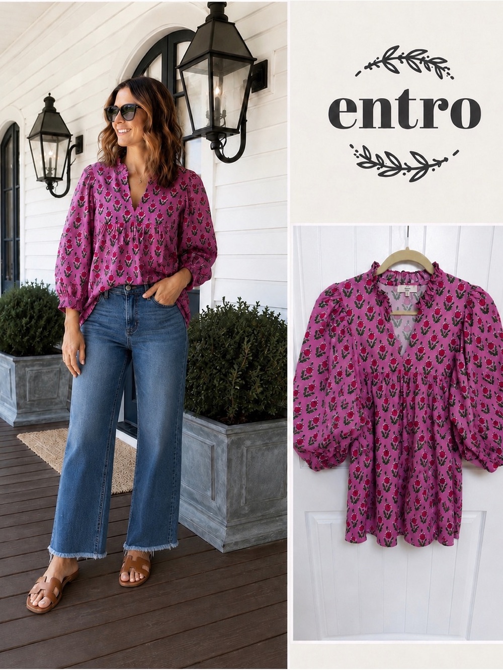 NWOT Entro Pink Floral Ruffle Neck Peasant Blouse Puff Sleeve Size L